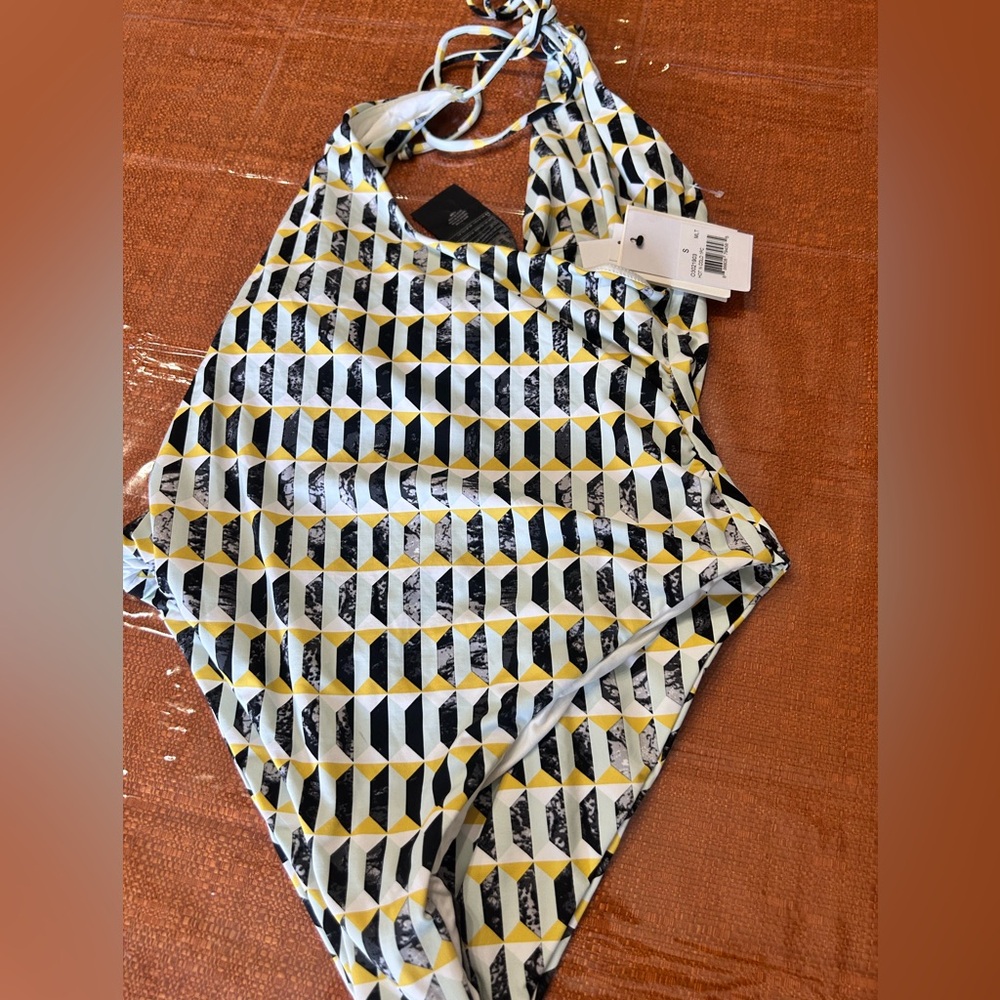 Volcom Yellow and Black Geometric One Piece Swimsuit